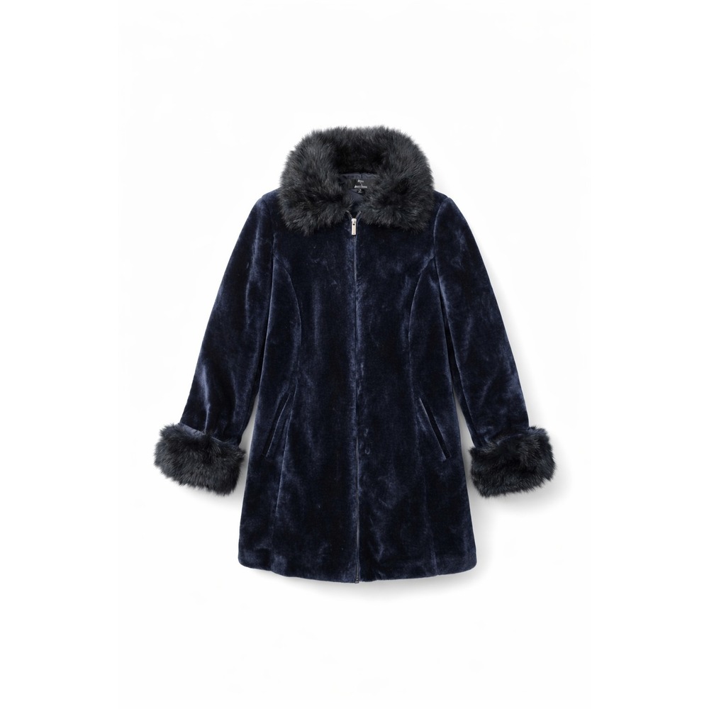 Dennis Basso Velvet Coat Womens M Blue‎ Black Faux Fur Trim Statement Party Luxe